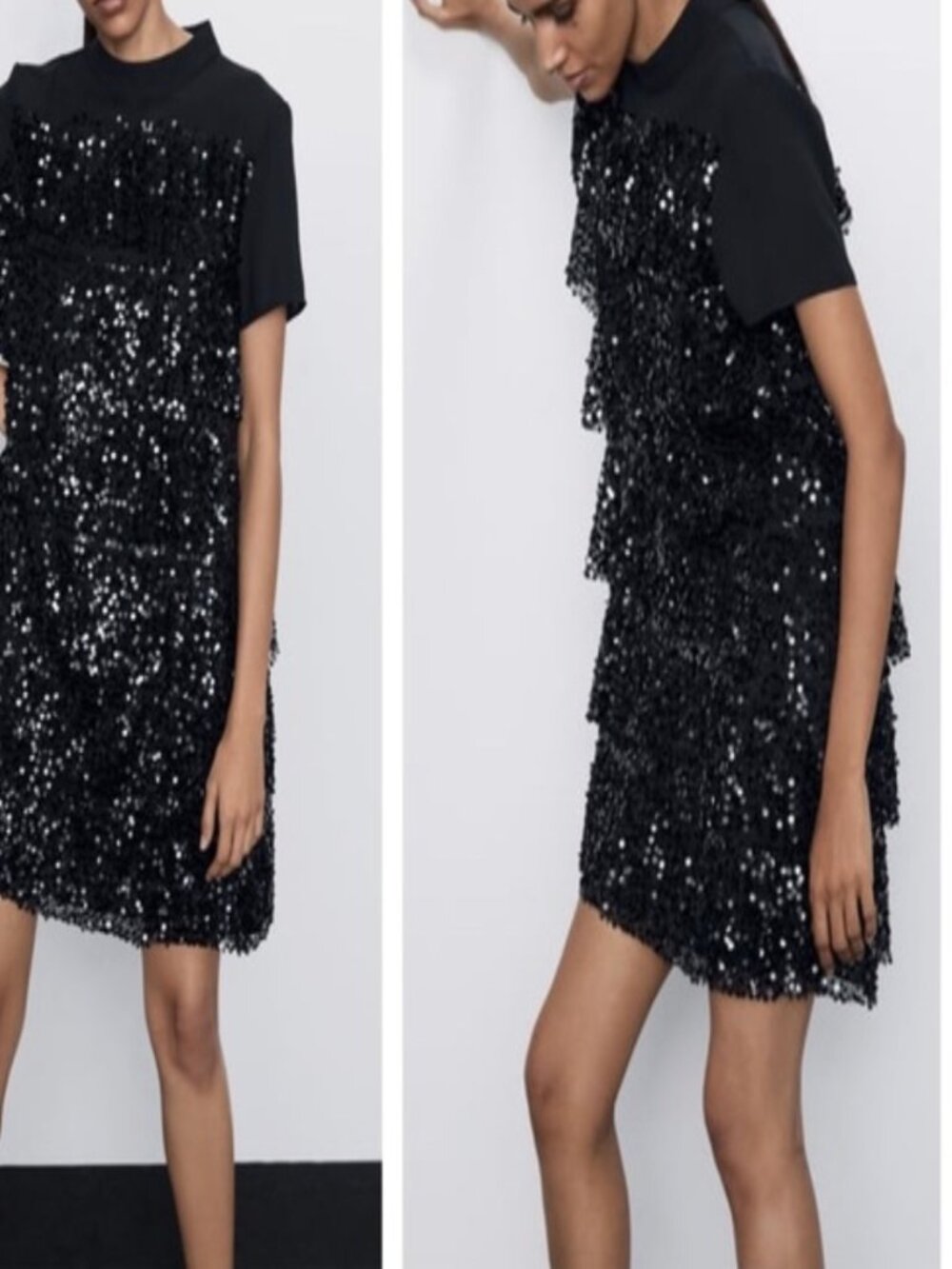 ZARA Sequin Tiered Ruffle Cocktail Mini Dress Black Short Sleeve Size XS NWOT